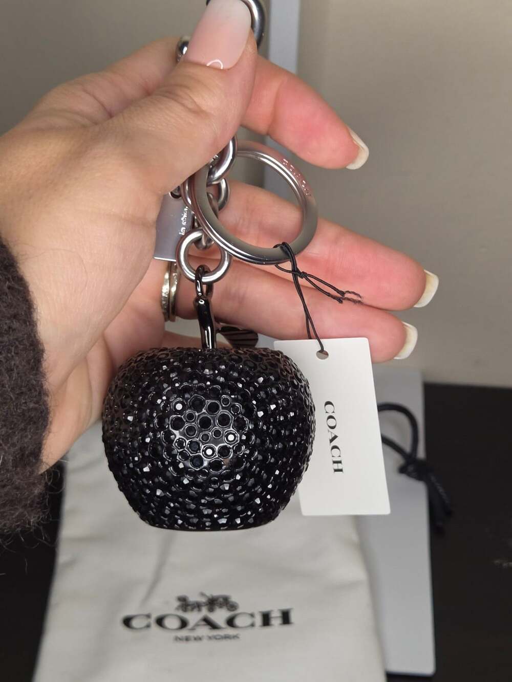 Coach Crystal Apple Bag Charm Black Silver